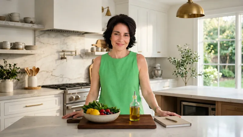 Dri Vasconcelos na cozinha, com uma tigela de folhas e frutas e um azeite na bancada